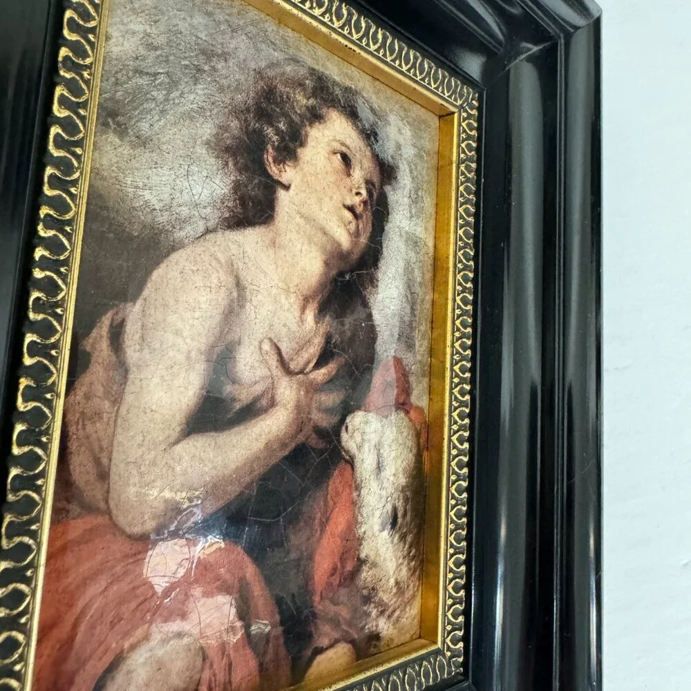Vintage B.E.Murillo Art  St.John The Baptist Child  Convex Wooden Frame